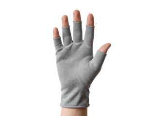 Open-finger gray glove on an extended hand