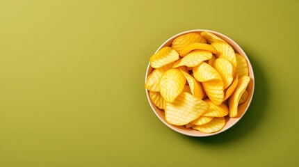 Ridged potato chips in a bowl on a lime green background with ample copy space
