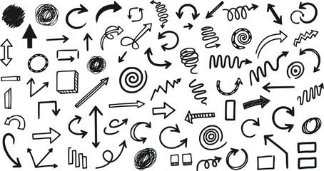 Collection of Hand Drawn Doodle Arrows and Scribble Icons Isolated on Transparent Background