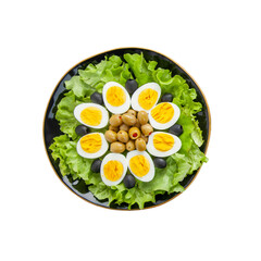 Top view of a fresh, vibrant, and healthy salad featuring crisp green lettuce, perfectly halved hard-boiled eggs arranged in a floral pattern, and an assortment of savory green and black olives