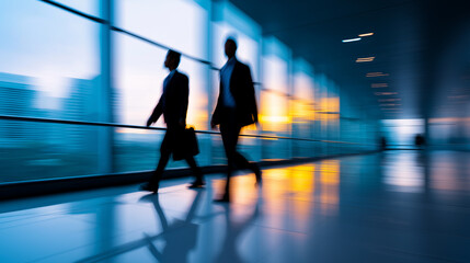 Fototapeta premium Blurred silhouettes of business professionals walking through a modern hallway lit with gradient neon colors. 