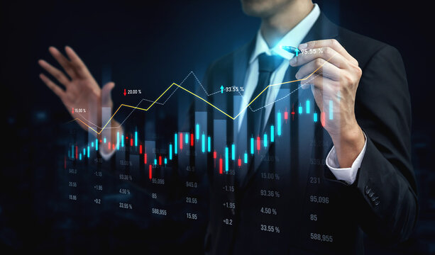 A businessman in a suit presents financial data, highlighting growth trends and market metrics amidst a dark background. Perfect for investment-related visuals. Scalp - Powered by Adobe