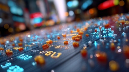 Abstract Conceptual Digital Data Flow on a Circuit Board with Glowing Numbers and Vibrant Bokeh Effect in a High-Tech Environment, featuring cinematic lighting and 4K detail.