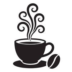 Silhouette black steaming cup of coffee with single bean vector illustration
