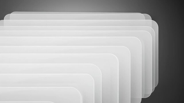 Abstract composition of layered, translucent white panels with rounded corners against a dark gray gradient background, suggesting depth and modern design, 4k video