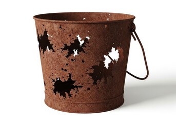 Heavily corroded metal container displays numerous irregular perforations against a plain white background