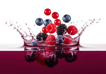Assortment of fresh berries plunging into deep colored liquid creating a dynamic splash
