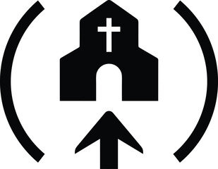 Church entrance vector icon with cross and arrow direction for religious building location or event