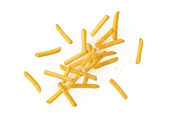 Golden brown fried potato sticks scatter dynamically across a clean white background