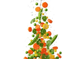 Assorted fresh garden vegetables splash downwards against a clean white background.