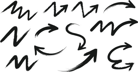Set of Black Hand Drawn Grunge Arrows with Zigzag and Curve Shapes Isolated on Transparent Background