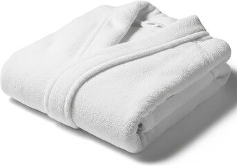 Plush white terry cloth robe neatly folded against a bright background
