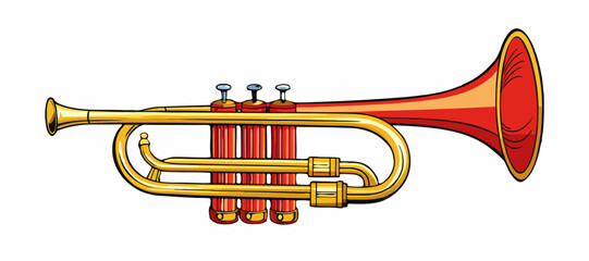 Obraz premium Cartoon Trumpet Illustration. Musical Instrument Vector Clipart. Colorful Trumpet Clipart. Kids Music Instrument Artwork. Brass Trumpet Cartoon Vector. Music Icon Illustration.