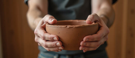 Handcrafted pottery bowl held by person, showcasing artistry and texture of clay. warm tones evoke sense of comfort and creativity