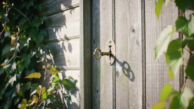 Antique key inserted in weathered wooden door lock surrounded by foliage