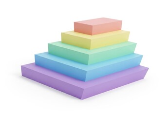 Five stacked, colorful rectangular blocks form a stepped pyramid structure isolated on white