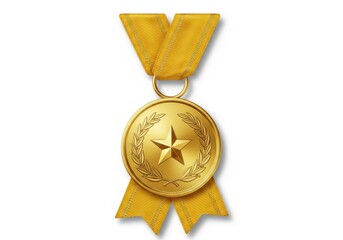 Golden award medallion hangs suspended from a bright yellow patterned ribbon against a white background