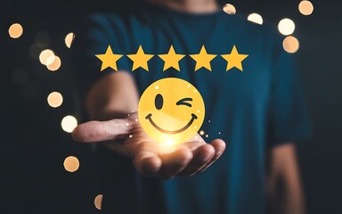 Customer satisfaction with five star rating and happy face