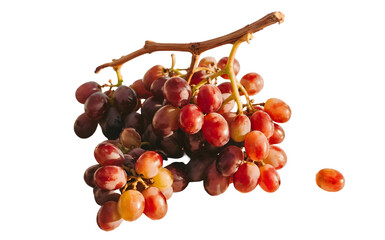 Fresh red grapes bunch on table, ripe purple fruit with stem in sunlight, sweet organic snack, aesthetic vineyard harvest, healthy summer food, juicy vitamin, lifestyle photography with shadow.