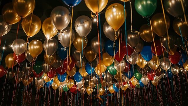Ceiling full of metallic gold, silver, blue, red, and green balloons with string lights for a festive celebration or party, 4k video