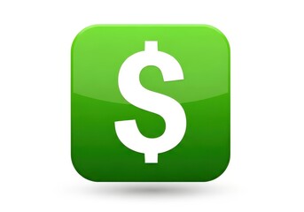 Glossy green square icon displays a white currency symbol centered against a pure white background