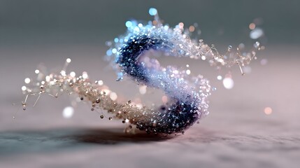 Conceptual abstract form of shimmering particles connected by delicate lines, creating a dynamic swirling shape with vibrant blue and pink tones, illuminated by soft bokeh lights.
