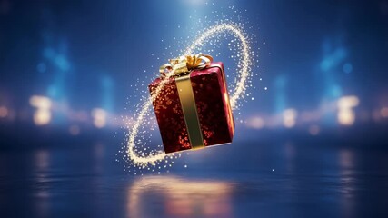 Magical red and gold gift box floating with sparkling light trail against a deep blue, blurred background, 4k video - Powered by Adobe