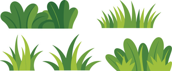 Simple vector set of natural green grass and foliage bushes in various shapes, perfect for garden, park, nature background, and cartoon design © Majnur
