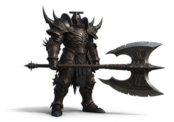 Imposing heavily armored figure holding a massive double-bladed battle axe stands against a white background