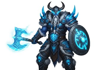 Fierce warrior clad in glowing blue arctic armor wields an ice axe and shield