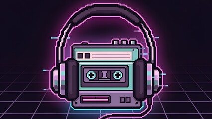 Retro Pixel Art Robot Head Wearing Headphones in Neon Glowing Dark Background