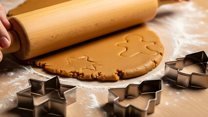 Close-up of hands rolling out gingerbread dough with a wooden rolling pin on a floured wooden table, surrounded by cookie cutters shaped like gingerbread men, stars, and Christmas trees.