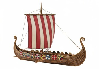 Miniature wooden seafaring vessel features striped sail and decorative shields along its side