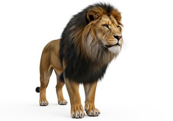 Majestic male feline with a thick dark mane stands against a white background
