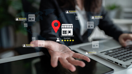 A businesswoman showcases digital tools for local businesses, emphasizing customer reviews and...
