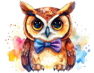 Watercolor illustration of a cartoon owl with big eyes and a bow tie
