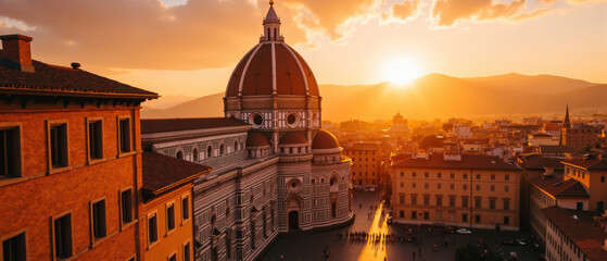Stunning sunset over Florence, showcasing iconic cathedral and historic architecture. warm glow enhances beauty of cityscape