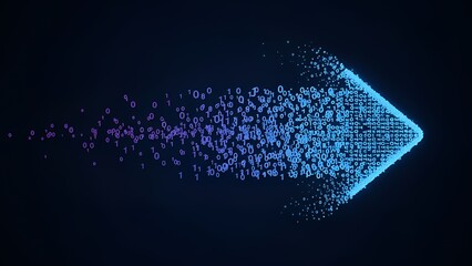 Digital Data Stream Flowing Arrow in Blue and Purple Binary Code Visualization