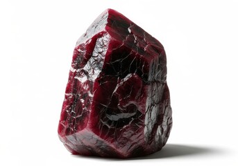 Rough, uncut dark red gemstone specimen rests against a bright white background.