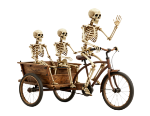 Three Skeletons Riding a Wooden Cargo Bicycle