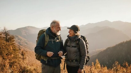 Happy senior couple with backpacks, hiking in scenic mountains at sunset - Powered by Adobe