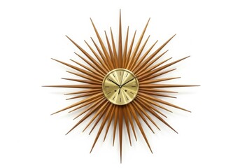 Decorative wooden wall clock featuring numerous pointed rays radiating from a central metallic dial