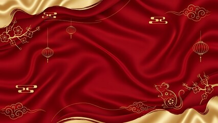 Red Satin Fabric with Gold Traditional Chinese Lunar New Year Decorations