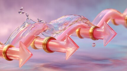 Conceptual illustration of dynamic wavy pink arrows with splashing water and elegant golden rings, symbolizing fluid progress and energetic movement with vibrant colors and smooth textures.