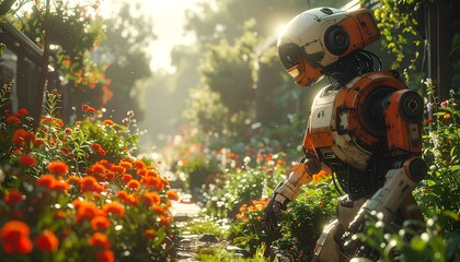 Fototapeta premium An orange and white robot stands amidst a lush garden of red flowers bathed in sunlight, creating a serene scene