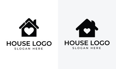 Black house icon with heart shape inside and text house logo slogan here home icon heart symbol