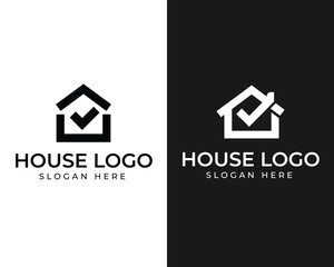 Black and white house logo with checkmark and text home logo real estate logo