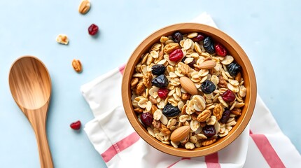 Toasted oat granola with almonds and dried fruit in bowl centered on striped textile