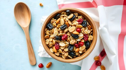 High angle view of toasted granola bowl with almonds, raisins and wooden spoon on white napkin.

