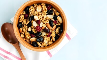 Healthy granola muesli mix with nuts and dried fruit in bowl with striped kitchen napkin.
